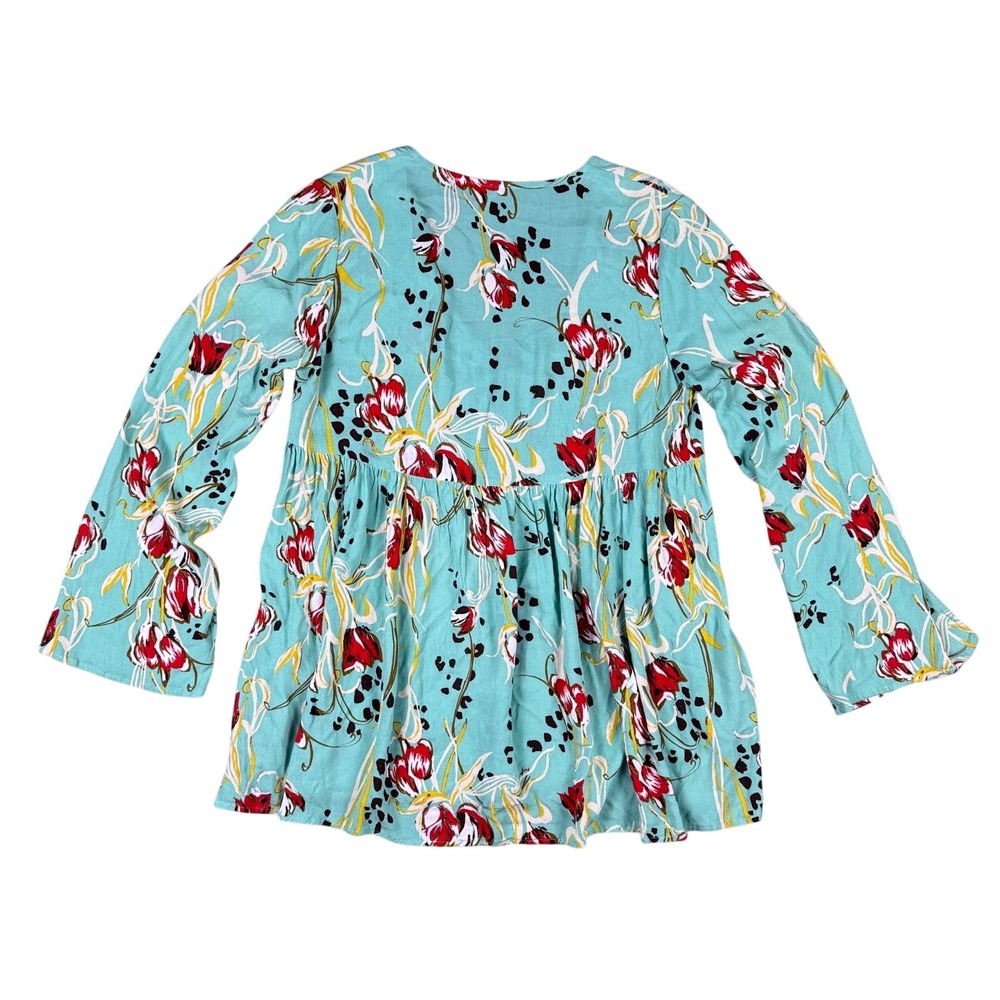 Free People Bella Babydoll Tunic Top Womens XS Teal Floral V-Neck Boho Blouse - Picture 2 of 12